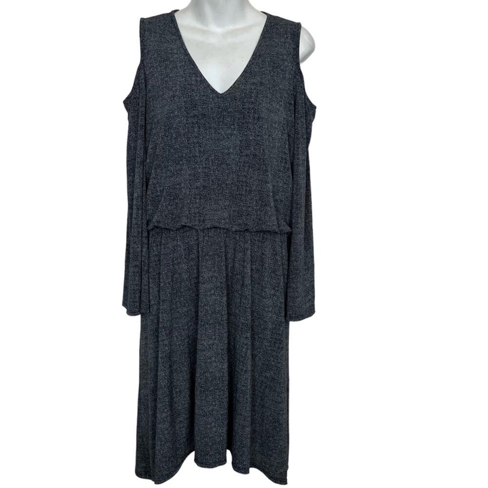 LONDON TIMES Gray Cold Shoulder Blouson Stretch Knit Knee Length Dress sz 10